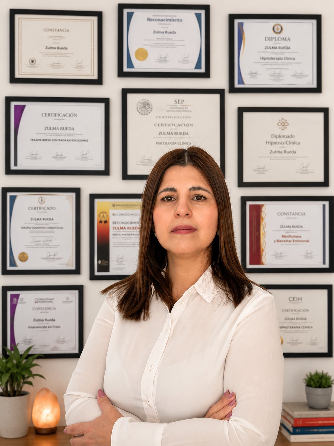 Psicóloga Zulma Rueda frente a sus certificaciones y diplomas en Ciudad Juárez